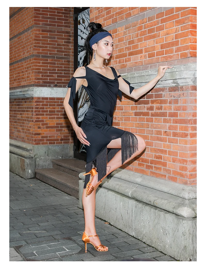 Years New Tassel Black Color Dance Dresses Polyester Frabic Good Quality Summer Match Dress For Cha-Cha Clothes