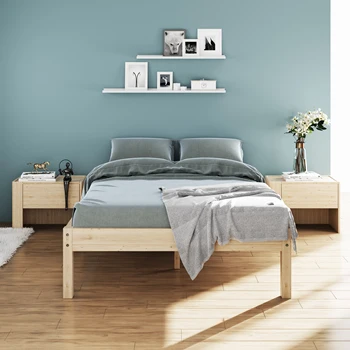 

H.J wedoo rustic wooden bed frame with support legs, solid spruce wood bed for bedroom, natural wood color, 140*200cm