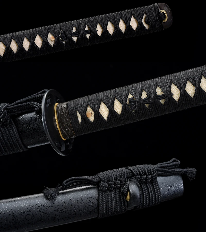 Нагината Series-56 дюймов японский меч катана 1060 с высоким содержанием углерода Сталь пластичный монтаж, Razor Sharp черные гофрированные ажурные-две ручки, пластичный монтаж, меч самурая