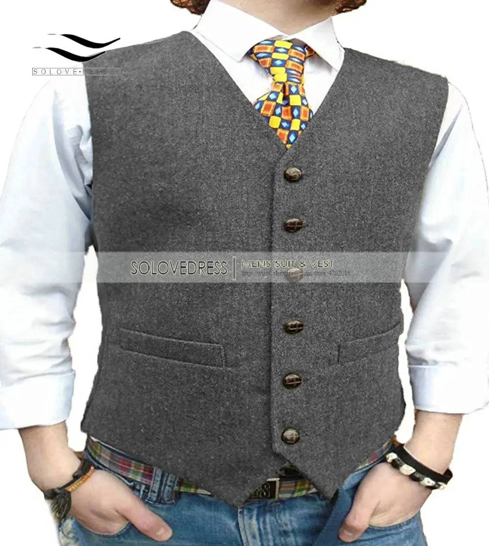 Мужской костюм жилет Slim Fit V шеи однобортный твидовый жилет без рукавов жилет зеленый жилет елочка - Цвет: Серый
