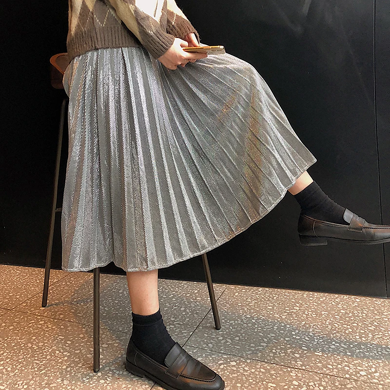 Осень Зима Длинные юбки женские Высокая талия блестящие плиссированные юбки уличная одежда размера плюс женская юбка faldas jupe femme