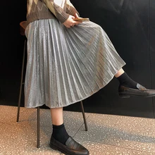 Осень Зима Длинные юбки женские Высокая талия блестящие плиссированные юбки уличная одежда размера плюс женская юбка faldas jupe femme