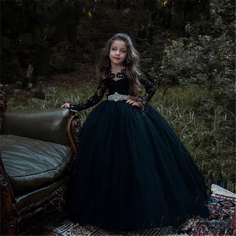 219Long Sleeves Black Applique Jewel Crystal Sash Big Bow Cute Kids Formal Wear Floor Llength Ball Gown 2018 Flower Girl Dresses