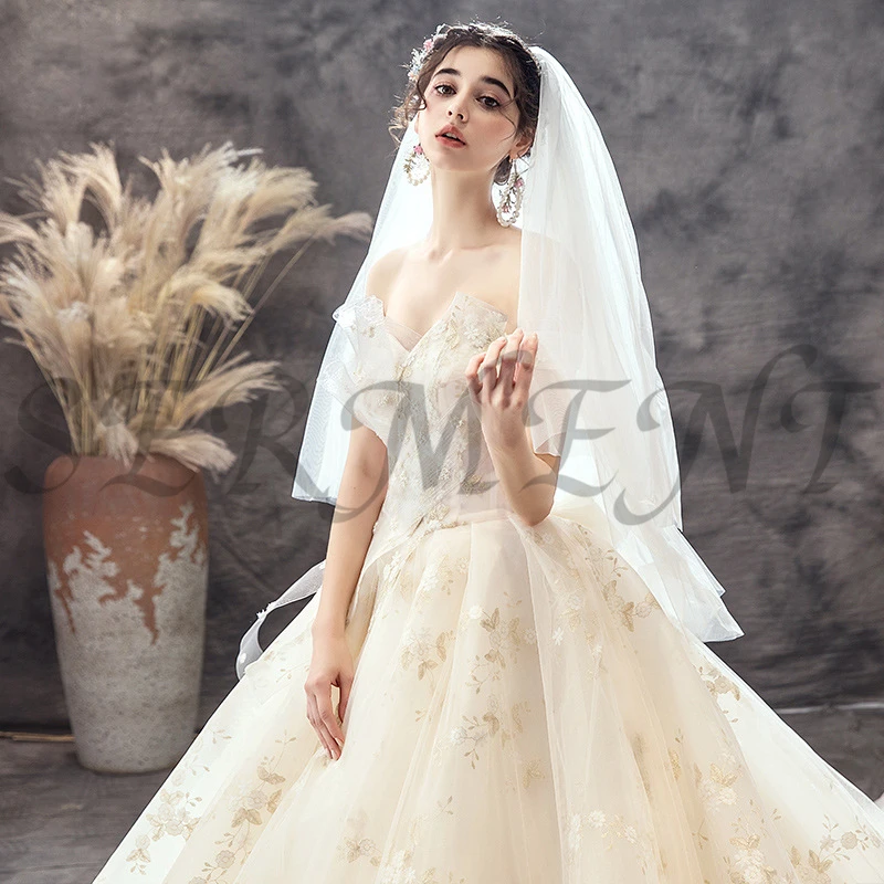 SERMENT Luxury Church Wedding Dress Off The Shoulder Back Lace Up Cathedral Boat Neck Applique Adornment Free Custom Made