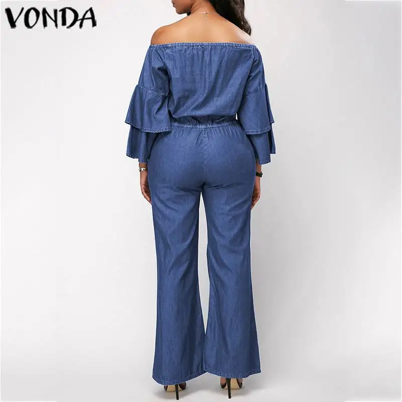 VONDA/, сексуальный комбинезон с открытыми плечами, без бретелек, джинсовый комбинезон, женский комбинезон с оборками, сапоги с длинными рукавами, большие размеры, широкие брюки, Pantalon