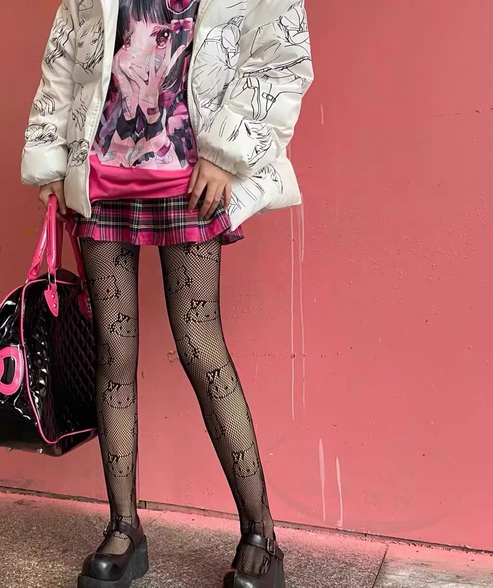Summer Punk Hottie Black Anime Pantyhose KT Pattern Fishnet Stockings Harajuku Hosiery Nylon Women's Lolita Tights