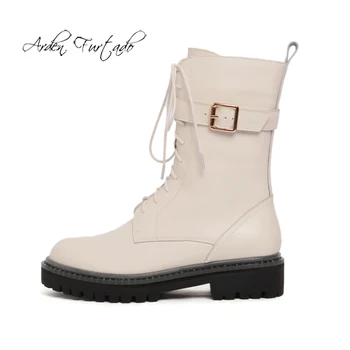 

Arden Furtado Fashion Matin Boots Winter Elegant Ladies Boots Cross tied Lacing Round Toe Short Boots platform Knee High Boots