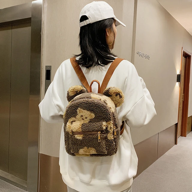 Kawaii Bear Ears Plush Shoulders Bags For Women 2022 New Cartoon Bear Fleece Backpack Cute Furry Bag  Winter Faux Fur Mochila 1