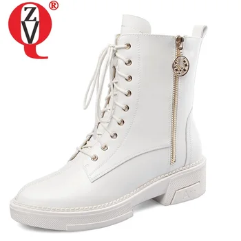 

ZVQ winter new fashion ankle boots outside warm comfortable mid heels round toe genuine leather zip women shoes drop shipping
