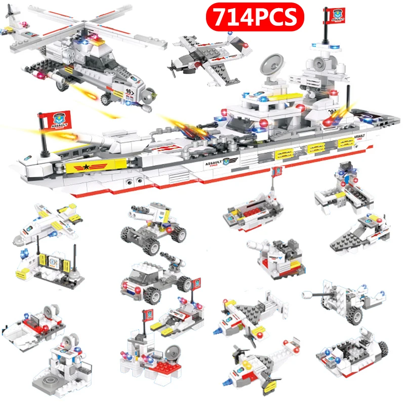 714 шт., Морской броненосец, лодка, строительные блоки, набор транспортных средств, кирпичи, робот, самолет, автомобиль, грузовик, обучающая игрушка для мальчиков, детей
