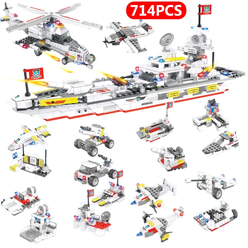 714PCS Naval Battleship Boat Building Blocks Set Vehicles Bricks Robot Aircraft Car Truck Education