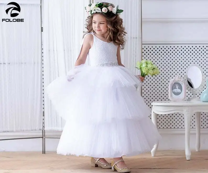 White flower girl dress tulle Junior bridesmaid gown ankle length cupcake toddler formal dresses for wedding with beads sashes