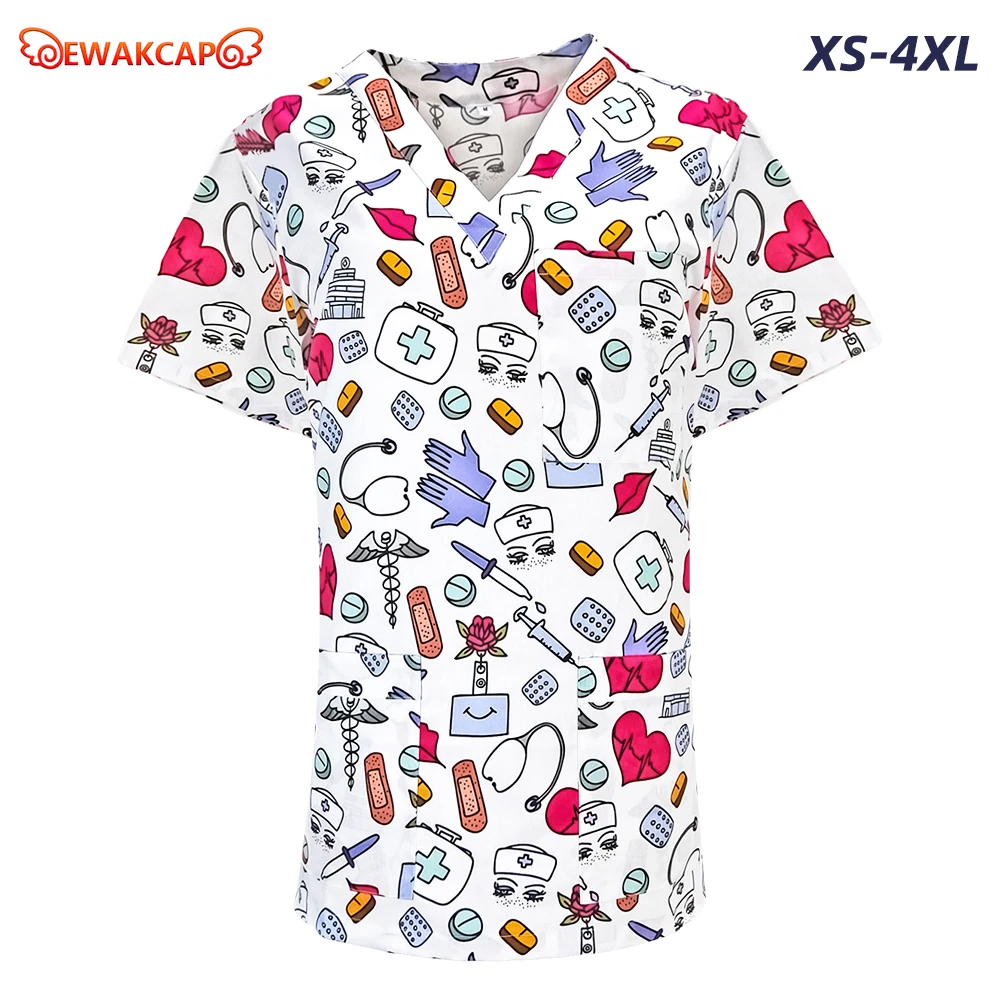 women's nurse scrub tops cotton printed work short sleeves blouse dentist clinical uniform medical scrubs top