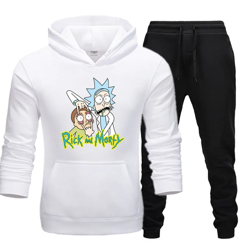 Мужские и женские спортивные толстовки с принтом Rick and morty, мужские флисовые толстовки в стиле хип-хоп+ длинные брюки, костюм, Приталенная толстовка с капюшоном