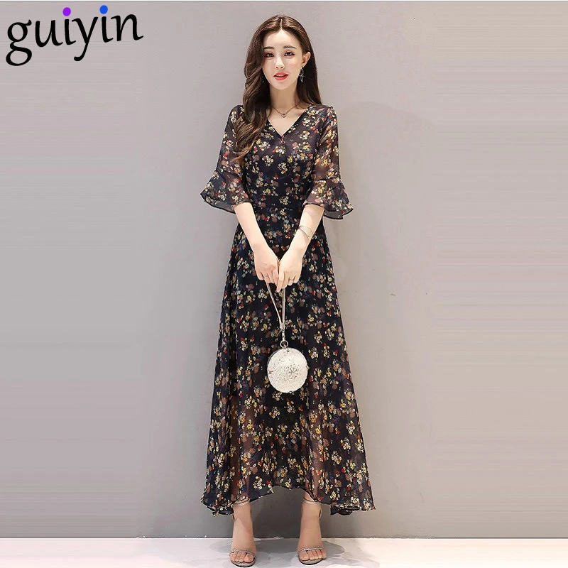 

Autumn Summer Print Flared Sleeves Beach Dress Vintage Slim Floral Chiffon Midi Dresses Korean Version Maxi Dresses For Women