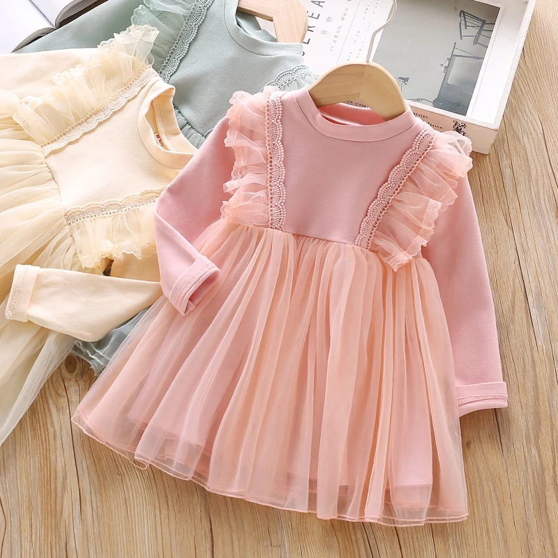 Осеннее модное платье для маленьких девочек, милое однотонное платье принцессы с длинными рукавами и вышивкой в сеточку