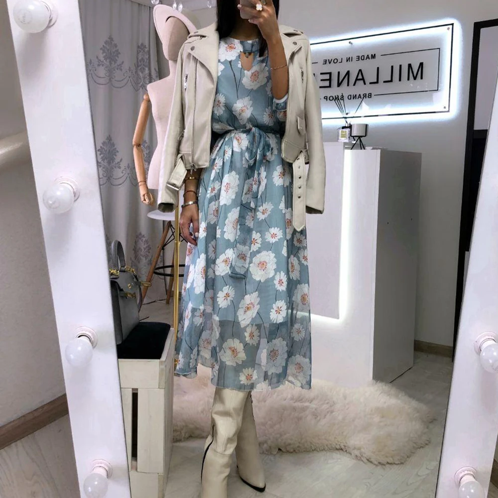 

Elegant Floral Printed Blue Summer Dresses Woman Office Ladies High Waist Belt Long Dress Casual Flare Sleeve Boho Dress Women