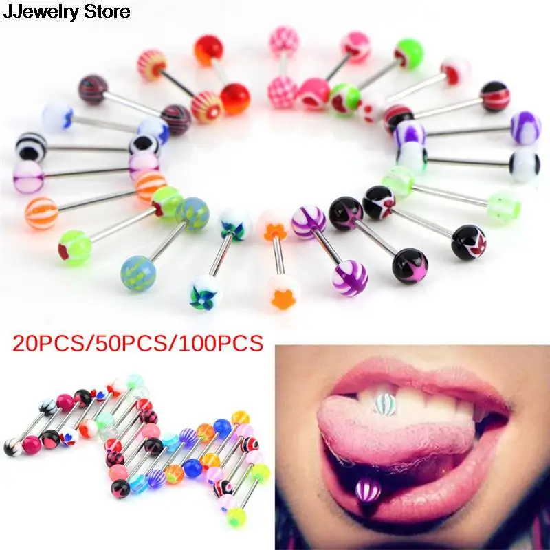 20/50/100PC Mix Style Barbell Bar Tongue Piercing Ring Fashion Stainless Steel Candy Colors Men Women Body Jewelry | Украшения и