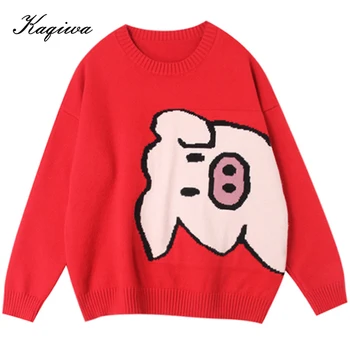 

2020 Fall and Winter Women's New Cute Piggy Cartoon Knitted Pullovers Regular Loose Top Red Christmas Sweater korean top