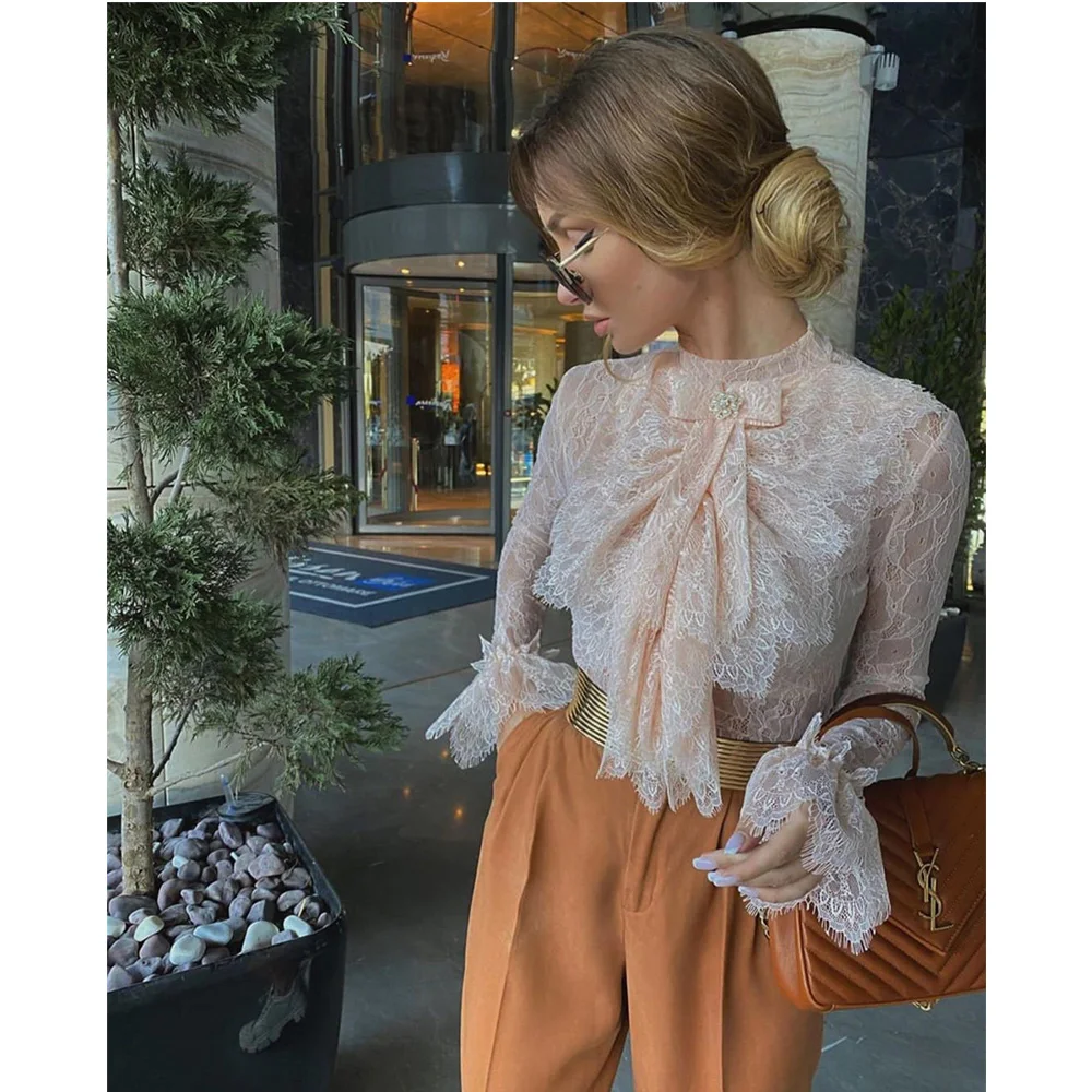 white blouse for women Ruffles Lace Blouse 2020 Korean Women Office Ladies Work Elegant Fashion Long Sleeve Chiffon Floral Print Tops Shirts Red Pink satin shirts for women