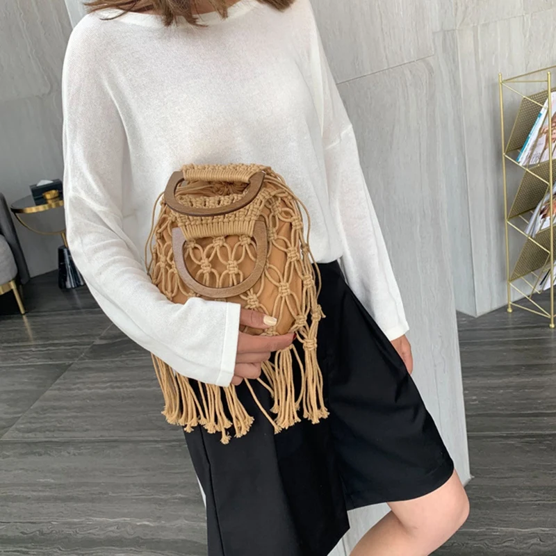 Woven Bag Wooden Portable Hollow Cotton Rope Tassel Beach Bag Vacation Net Bag Knit Handbag