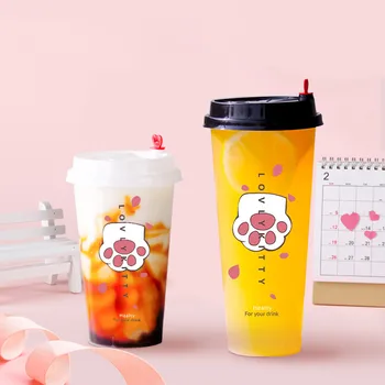 

50pcs High quality 9cm caliber cold hot drink milk tea cup 500ml 700ml transparent fruit juice plastic cup with red love lid