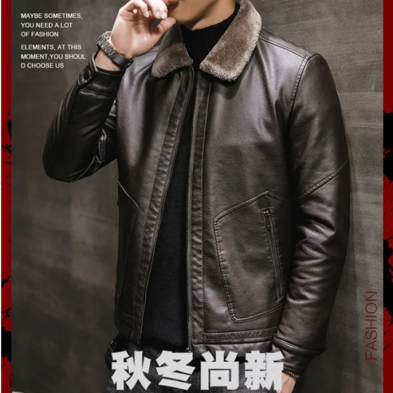 

2019 New Style Leather Coat Men Thick Fold-down Collar Leather Jacket Winter Fur