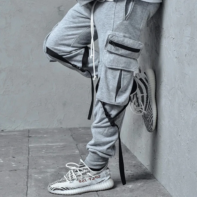 

Spring New Streetwear Pocket Ribbons Harem Pants Men's Casual Hip Hop Joggers Sweatpants Slim Fit pure color Male Pencil Pants