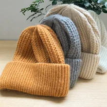 Женская вязаная утолщенная теплая шапка, зимние шапки для женщин, бини, голубые, бежевые шапки, женская уличная Желтая Мягкая шапка Gorros