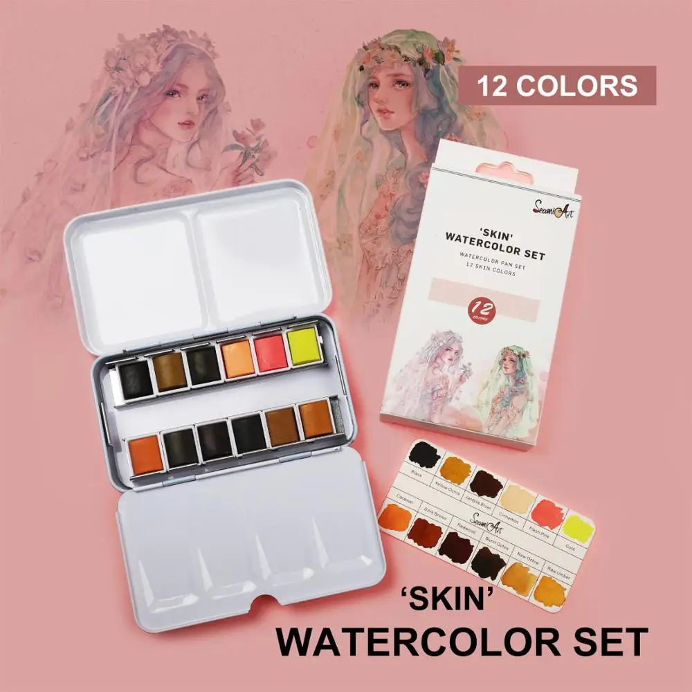 12Color Tin Box Solid Watercolor Skin Water Color Paint for Cartoon & Portraits Painting Drawing Art Supplies watercolor painting set,watercolor paint,watercolor pigment