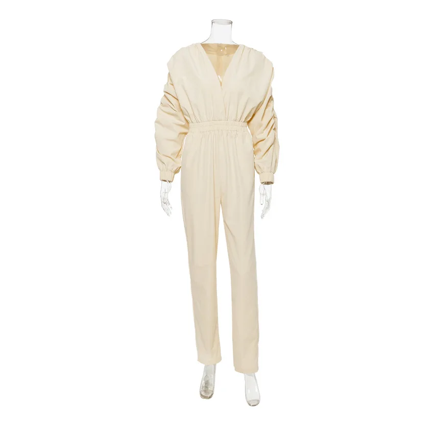 iMucci Puff Sleeves Rompers Womens Jumpsuit Sexy Deep V-neck Pleated Designer Women Brand Causal Jumpsuit Women 2020 Autumn New