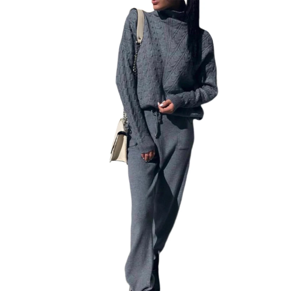 WENYUJH осенне-зимний вязаный спортивный костюм со свитером свитер с высоким воротником женская одежда костюм одежда комплект из 2 предметов вязаный Топ и штаны костюм - Цвет: Grey