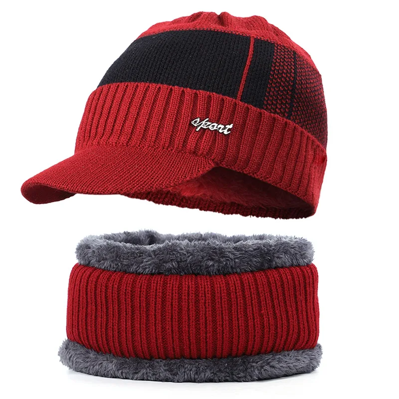 Зимняя вязаная шапка бини мужской шарф Skullies Beanies Зимние шапки для мужчин и женщин шапки Gorras Bonnet маска брендовые шапки - Цвет: Wine-1