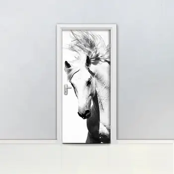 

Hot Door Mural Black White Horse Animal Wall Door Sticker DIY Self-adhesive Waterproof Wallpaper Poste for Home Decoration Gift