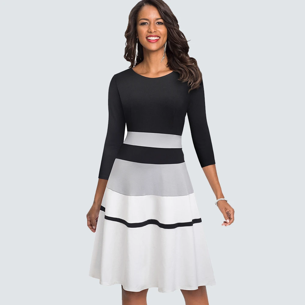 

Autumn Fashion O neck Patchwork Elegant Swing A line dress Casual Stripe Slim Party dress HA173