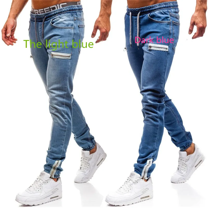 Summer Hip Hop Men Zipper Blue Jeans Slim Fit Pants With For Men Side Stripe Pocket Jeans pencil Pantalones Summer Hip Hop Men Zipper Blue Jeans Slim Fit Pants With For Men Side Stripe Pocket Jeans pencil Pantalones