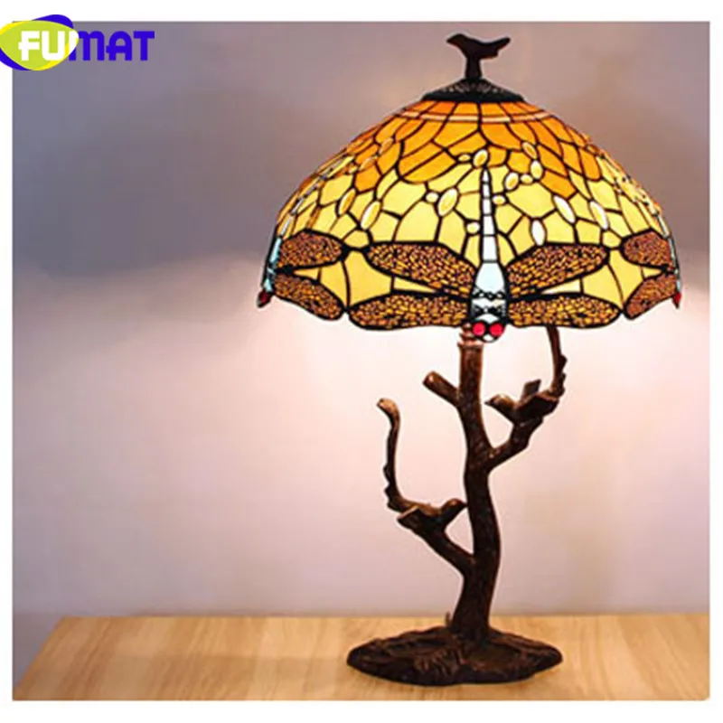 FUMAT Tiffanylamp настольные лампы Pteris Staiend стеклянный абажур для спальни прикроватные лампы светодиодный домашний арт-деко Свадебный Настольный светильник - Цвет абажура: Yellow Dragonfly