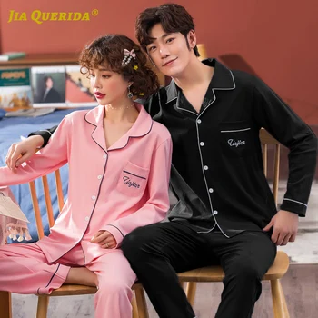 

New Button Long Sleeve Long Pants Pj Set Turn Down Collar Pajamas Set Spring Autumn Fashion Style Casual Style Man and Woman