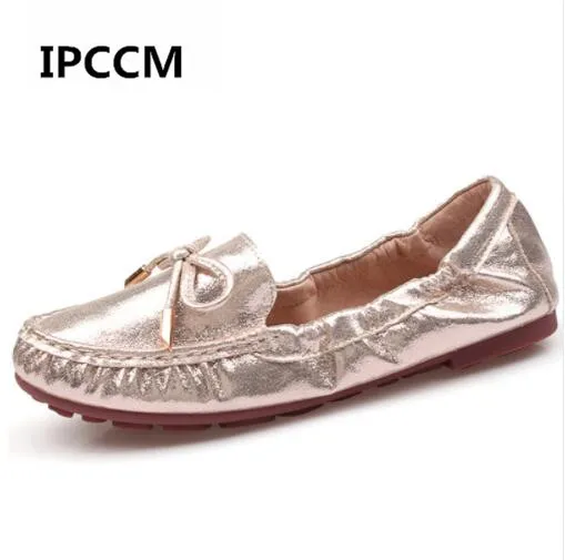 

BONJEAN Bow tie Loafers Silver Gold Ballet Flats 2018 Casual Slip On Shoes Woman Shallow Soft Summer Women Flat Shoes XWD6704