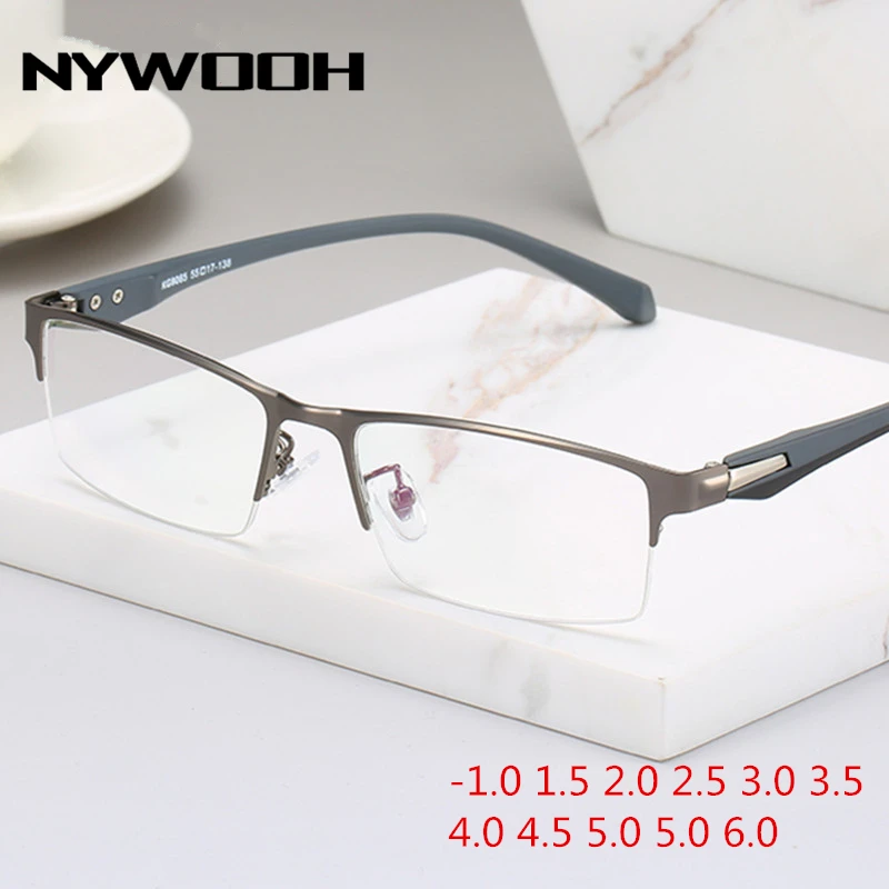 NYWOOH готовой близорукость очки Для мужчин с плоскими стеклами и половинной рамкой Бизнес Металл двойной близоруким очки-1,0 1,5 2 2,5 3 3,5 4,0 до 6,0
