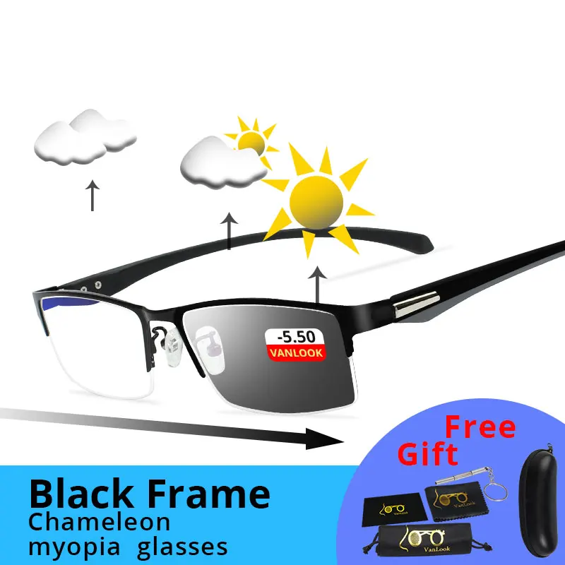 Близорукость, мужские компьютерные очки, фотохромные солнцезащитные очки, хамелеон, анти синий луч, игровой прицел по рецепту-1,25-1,75-5-5,5-6,0 - Цвет оправы: Black -5.50