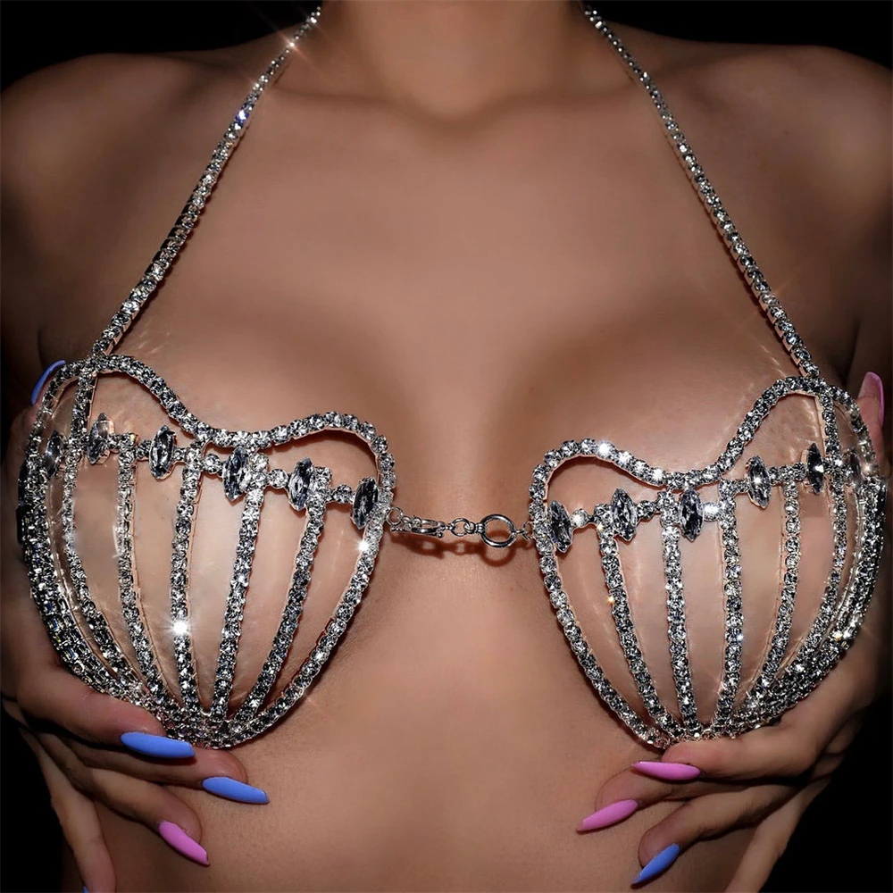 

Sexy Women Rhinestone Body Chain Bra Chain Shiny Shell-Shaped Crystal Bikini Bra Party Nightclub Underwear Jewelry Accessories