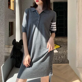 

Two Colors Women Knit Dress Turn-down Collar Striped Loose Short-sleeved Dresses with Buttons 2020 New
