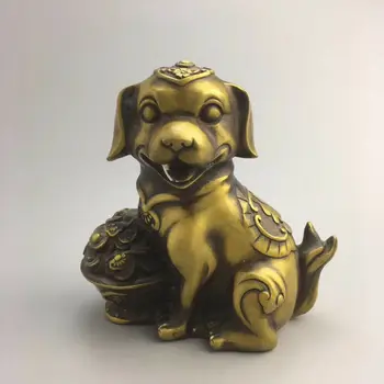 

Exquisite Chinese Fengshui Pure Brass Carving Yuanbao Money Zodiac Dog Blessing Wealth Animal Statue