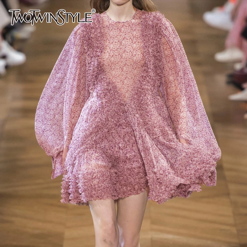 

TWOTWINSTYLE Print The Dress Women O Neck Lantern Sleeve High Waist Ruffles Patchwork Mini Summer Dresses Female 2019 Fashion