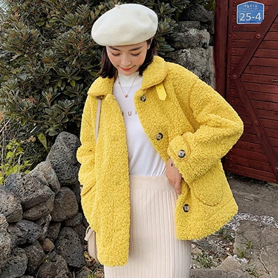 Yellow Теплые куртки из овечьей шерсти женские корейские однобортные пальто из искусственного меха женские толстые плюшевые карманы пуговица плюшевая шерстяная верхняя одежда - Цвет: Yellow