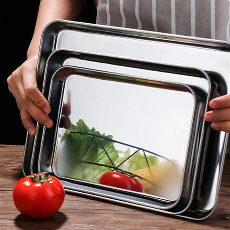 Rectangle Storage Trays Stainless Steel Household Steamed Sausage Dish Fruit Water Bread Pan Kitchen Baking Pastry Shallow Plate 5