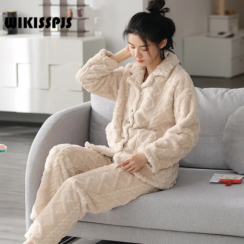 

WIKISSPJS Autumn Winter Coral Plush and Thick Plush Lovely Bear Warm Flannel Home Suit Pajama Woman Sleepwear Lounge Wear