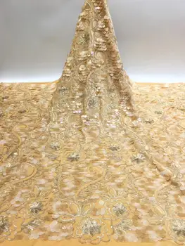 

2020 Upscale French Champagne/Gold Sequins Lace Fabrics,High Quality African Tulle Lace Fabrics Sequins Wedding Nigeria lace