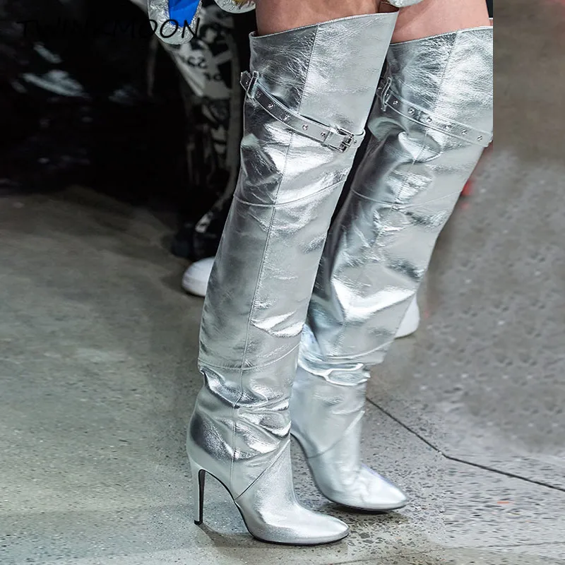 Metallic Leather Over The Knee Boots Gladiator High Heels Thigh High Boots Buckle Strap Colorful Peep Toe botas mujer invierno